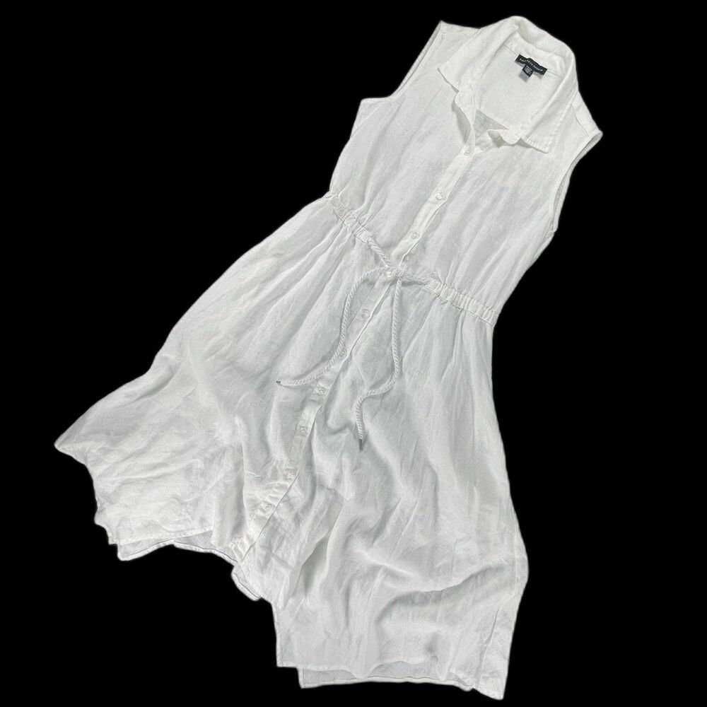 Saks Fifth Avenue White Linen Shirtdress Small Sleeveless Resort Summer Coastal